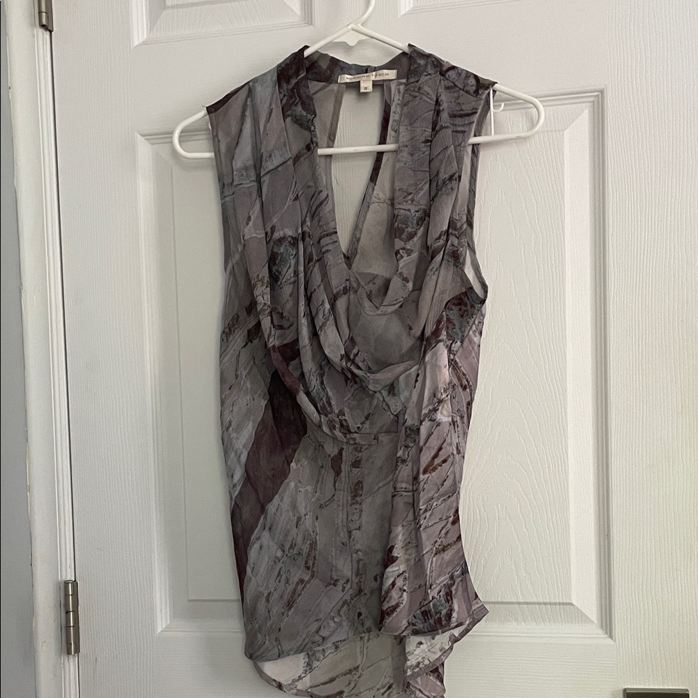 Burning Torch Gray Marble-Print Sleeveless Draped Neck Blouse